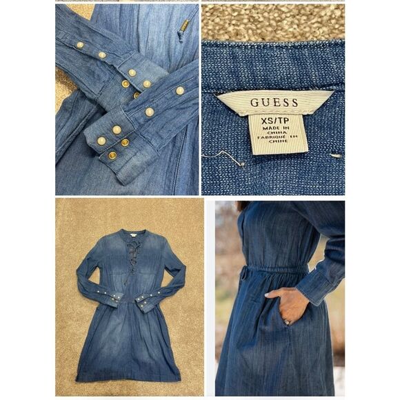 Guess womens denim dress romper sz Xsmall tp stretch pearl button western - Picture 1 of 12